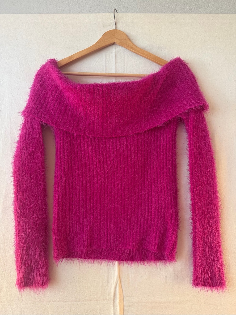 Y2K Style Fuchsia Off-Shoulder Fuzzy Sweater